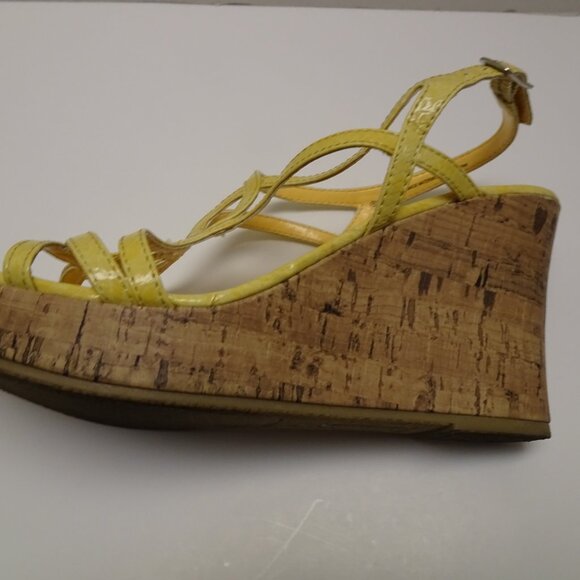 Seychelles Yellow Stripe cork Stacked Heel wedges 8 - Picture 3 of 5